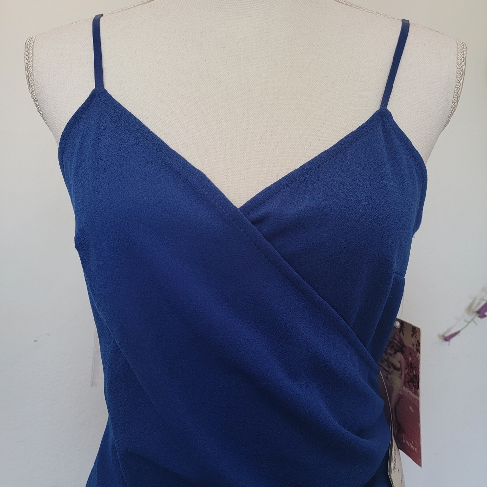 Emerald Sundae Womens V-neck Sheath Wrap High-Low Pointy Royal Blue Mini Dress - Picture 7 of 16